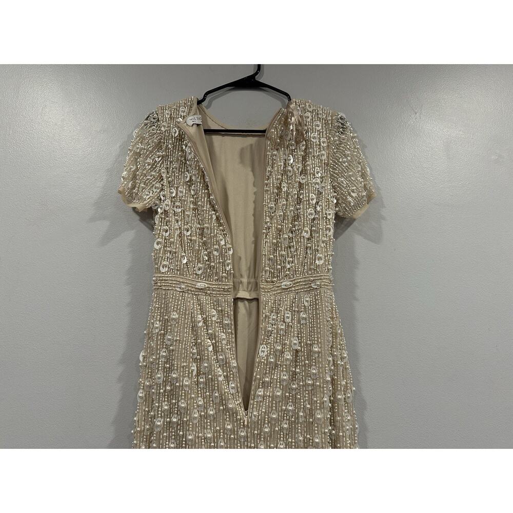 Mac Duggal 93893 Beige High Neck Short Sleeve Embellished Midi Sheath Dress Sz 6 - Picture 6 of 8